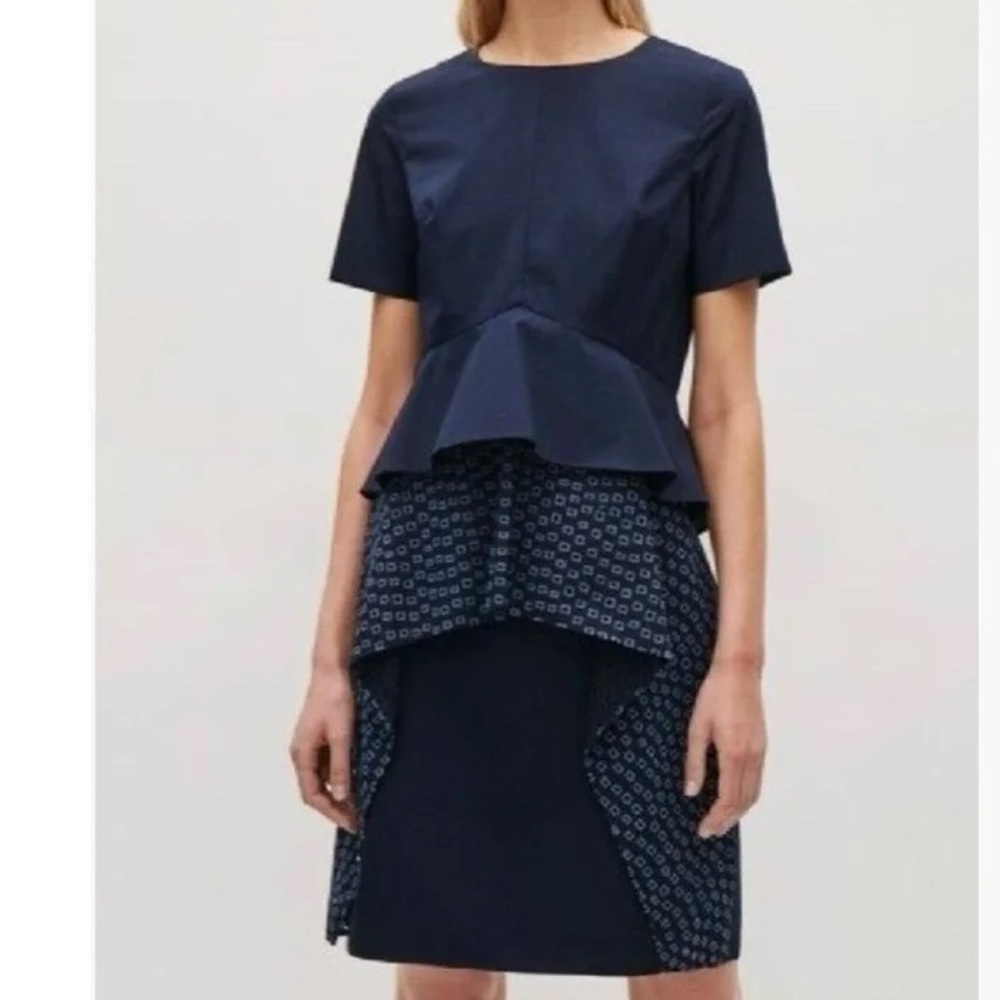 COS Navy Cotton Peplum Dress. Short sleeves, midi-length Size 34 (US 2).